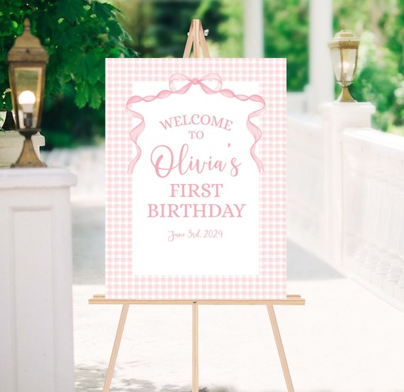 Editable Pink Bow Birthday Welcome Sign Coquette Pink White Gingham Decoration Girl 1st Birthday Party Decor Instant Download Corjl Template