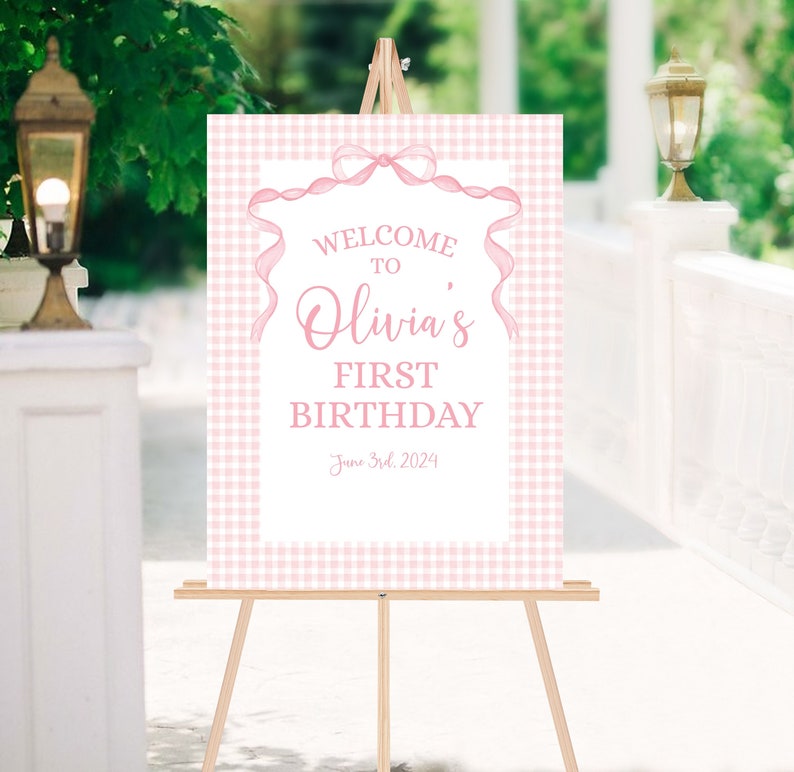 Editable Pink Bow Birthday Welcome Sign Coquette Pink White Gingham Decoration Girl 1st Birthday Party Decor Instant Download Corjl Template bild 1