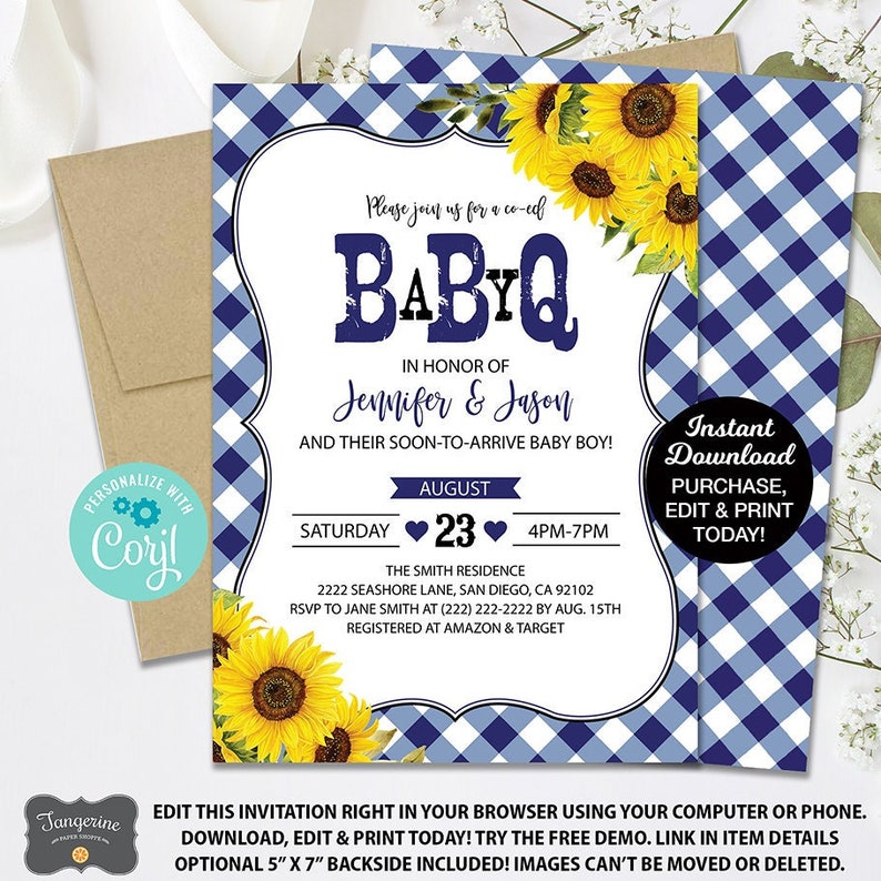 May include: A blue and white gingham baby shower invitation with sunflowers. The text reads "Please join us for a co-ed Baby Q in honor of Jennifer & Jason and their soon-to-arrive baby boy!"  Saturday, August 23, 4pm-7pm. The Smith Residence, 2222 Seashore Lane, San Diego, CA 92102. RSVP to Jane Smith at (222) 222-2222 by Aug. 15th. Registered at Amazon & Target. Instant Download Purchase, Edit & Print Today!