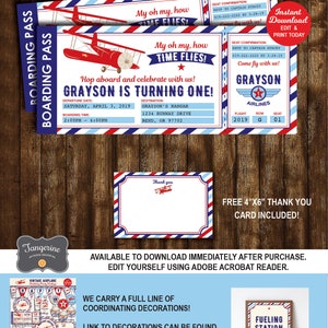 May include: Editable printable airplane-themed birthday party invitation in red, white and blue. The invitation features a vintage aeroplane and the text "My oh my, how time flies! Grayson is turning one!"  The invitation includes details such as the date, time, and location of the party.  A free 4x6 thank you card is included.