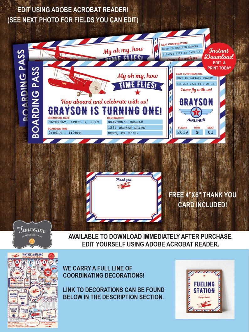May include: Editable printable airplane-themed birthday party invitation in red, white and blue. The invitation features a vintage aeroplane and the text "My oh my, how time flies! Grayson is turning one!"  The invitation includes details such as the date, time, and location of the party.  A free 4x6 thank you card is included.