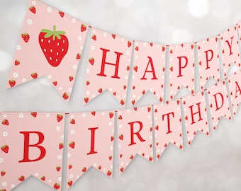 Strawberry Happy Birthday Banner, Berry Sweet Party Bunting Strawberry Party Decoration Girl Birthday Instant Download