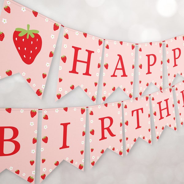Strawberry Happy Birthday Banner, Berry Sweet Party Bunting Strawberry Party Decoration Girl Birthday Instant Download