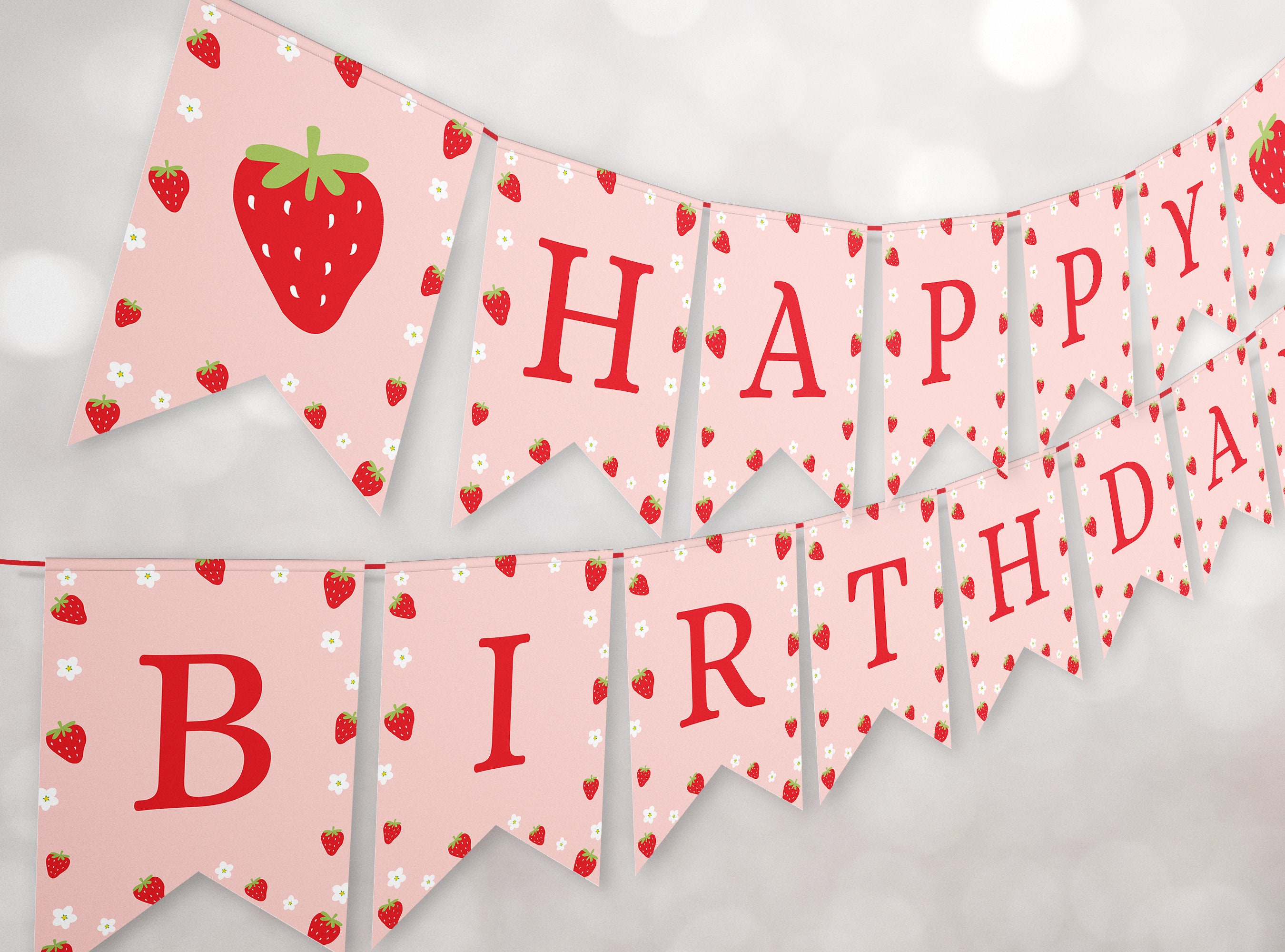 Strawberry Happy Birthday Banner, Berry Sweet Party Bunting Strawberry Party Decoration Girl Birthday Instant Download