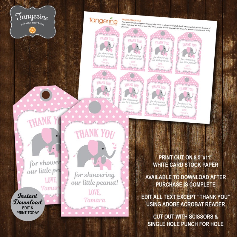 Elephant Favor Tags, Pink Elephant Thank You Tags, Elephant Baby Shower Tags, Printable Baby Shower Tags PDF File INSTANT DOWNLOAD image 1