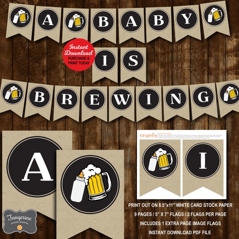 May include: A printable baby shower banner with the text "A Baby Is Brewing" in black and white circles on a brown background. The banner includes a beer bottle with a baby bottle on top.