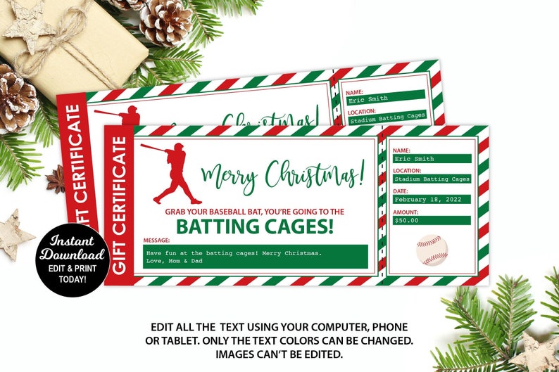 Pode incluir: Um certificado de presente de Natal imprim&iacute;vel para gaiolas de rebatidas. O certificado &eacute; vermelho, verde e branco com uma silhueta de jogador de beisebol. O texto diz "Feliz Natal! Pegue seu taco de beisebol, voc&ecirc; vai para as gaiolas de rebatidas!"