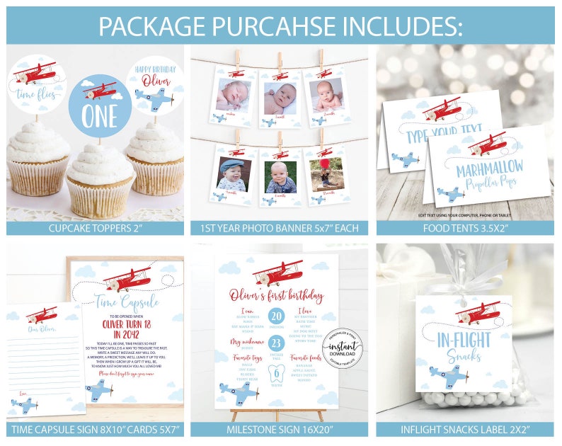 May include: A printable set of airplane-themed party decorations for a first birthday. The set includes cupcake toppers, a photo banner, food tents, a time capsule sign, milestone sign, and snack labels. The decorations feature a red and blue airplane with clouds and the text "Time Flies" and "One".
