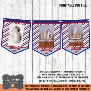 May include: Printable PDF file of a baby milestone banner with red, white and blue stripes. The banner includes 12 pennants, each measuring 19 cm wide by 24 cm high. The pennants feature a photo space for a 10 cm by 15 cm photo. The banner includes the words "Newborn", "8 Months", and "12 Months".
