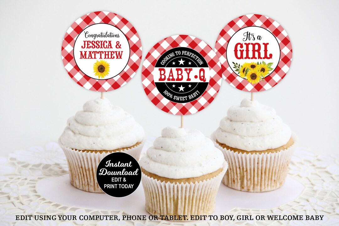 Baby Q Cupcake Toppers BBQ Baby Shower Baby Q Sunflower Etsy