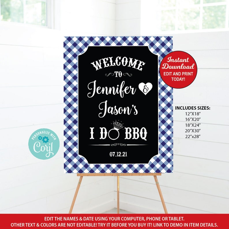 May include: A blue and white gingham welcome sign for a wedding reception. The sign says "Welcome to Jennifer & Jason's I Do BBQ 07.12.21".