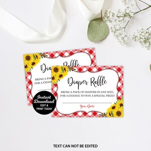May include: Red and white checkered diaper raffle ticket with sunflowers and the text "Diaper Raffle" and "Bring a pack of diapers in any size, for a chance to win a special prize!"