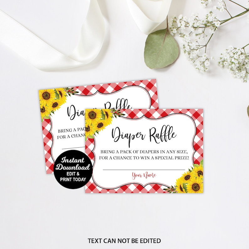 May include: Red and white checkered diaper raffle ticket with sunflowers and the text "Diaper Raffle" and "Bring a pack of diapers in any size, for a chance to win a special prize!"