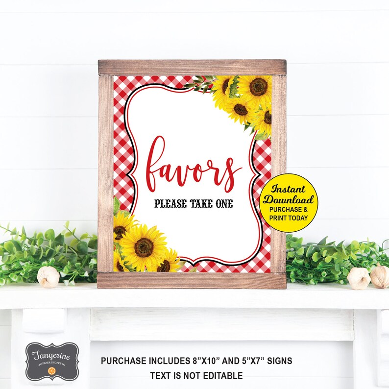 May include: A printable sign with a red and white gingham background and sunflowers. The sign says "favors please take one" and has a yellow banner that says "Instant Download Purchase & Print Today".