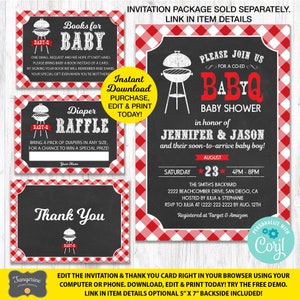 May include: Printable baby shower invitation and thank you card set with a red and white gingham pattern. The invitation features a chalkboard background with a grill and the text "Please Join Us for a Co-Ed BBQ Baby Shower". The thank you card features a chalkboard background with a grill and the text "Thank You".