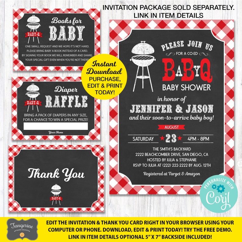 May include: Printable baby shower invitation and thank you card set with a red and white gingham pattern. The invitation features a chalkboard background with a grill and the text "Please Join Us for a Co-Ed BBQ Baby Shower". The thank you card features a chalkboard background with a grill and the text "Thank You".