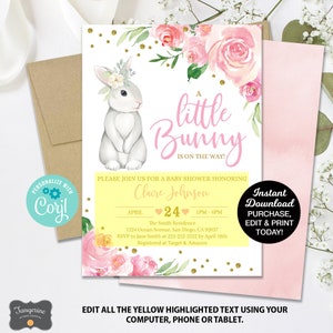 Bunny Baby Shower Invitation, Rabbit Baby Shower, Spring Baby Shower Invitation, Baby Girl, Easter Baby, Printable Invite image 2