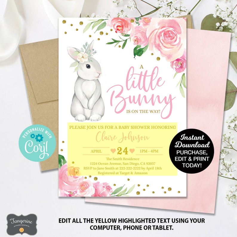 Bunny Baby Shower Invitation, Rabbit Baby Shower, Spring Baby Shower Invitation, Baby Girl, Easter Baby, Printable Invite image 2