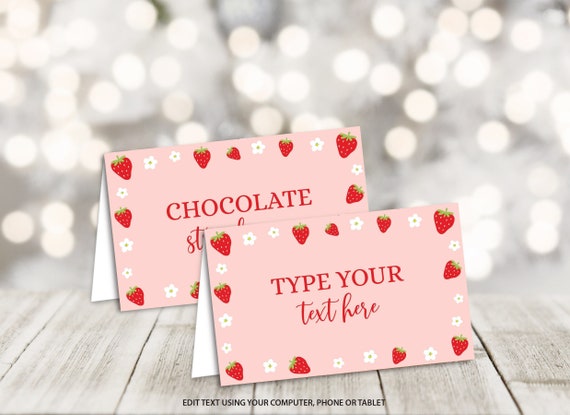 Editable Strawberry Food Labels, Berry Sweet Birthday Party Food Tents Printable Place Cards Buffet Cards Strawberry Baby Shower Decoration