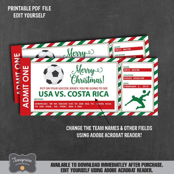 Printable template INSTANT DOWNLOAD Surprise Ticket to a Soccer Football Game EDITABLE Gift Voucher Soccer Game Ticket Hanukkah Gift