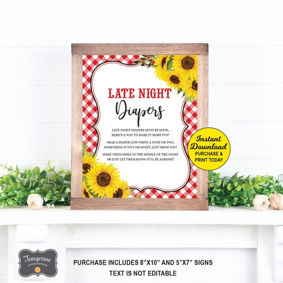 Baby Q Late Night Diapers Sign, Diaper Messages, BBQ Baby Shower Sign, Baby Q Sunflower Decorations, Printable Sign Il_570xn