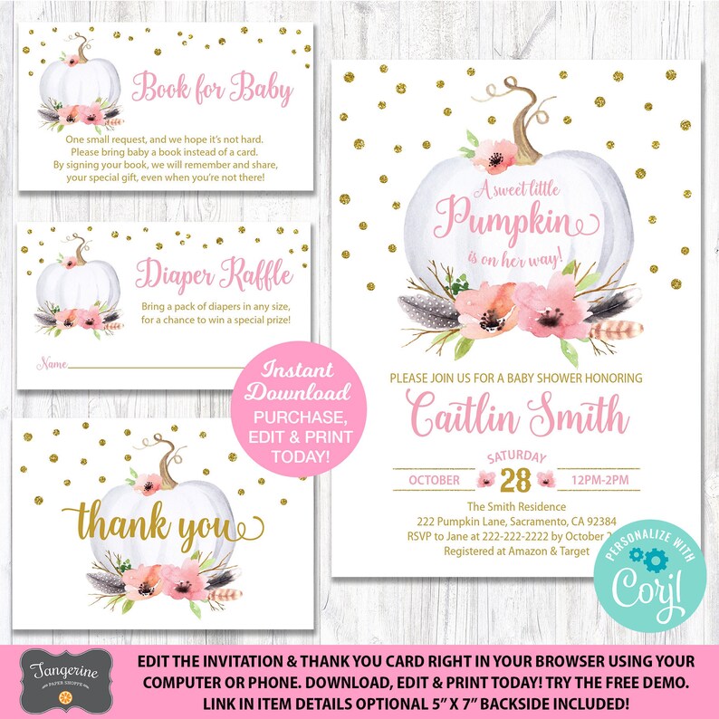 May include: A set of printable baby shower invitations and thank you cards featuring a watercolor illustration of a white pumpkin with pink flowers and gold glitter. The text on the invitation reads "A sweet little Pumpkin is on her way!" and the text on the thank you card reads "thank you".