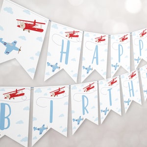 Airplane Happy Birthday Banner Editable, Airplane Party Bunting Decoration Time Flies Boy 1st Birthday Editable Banner, Corjl Template 0003