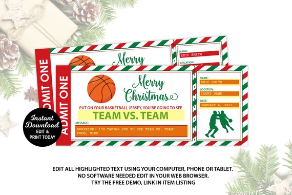 basketball ticket printable basketball christmas gift etsy