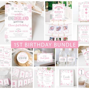 May include: A printable party bundle for a first birthday with a winter wonderland theme. The bundle includes invitations, food labels, water bottle labels, cupcake toppers, a banner, and more. The design features snowflakes, pink and silver accents, and the text "Winter Wonderland".