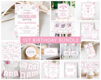 Winter Onederland Birthday Girl Decorations, Editable Winter Wonderland Decor Snowflake Birthday Party Girl First Birthday Winter Corjl 0006