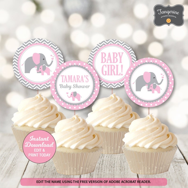 Elephant Baby Shower Cupcake Toppers, Elephant Baby Shower Decoration, Girl Baby Shower Cupcake Topper, DIY Cupcake Topper, INSTANT DOWNLOAD image 1