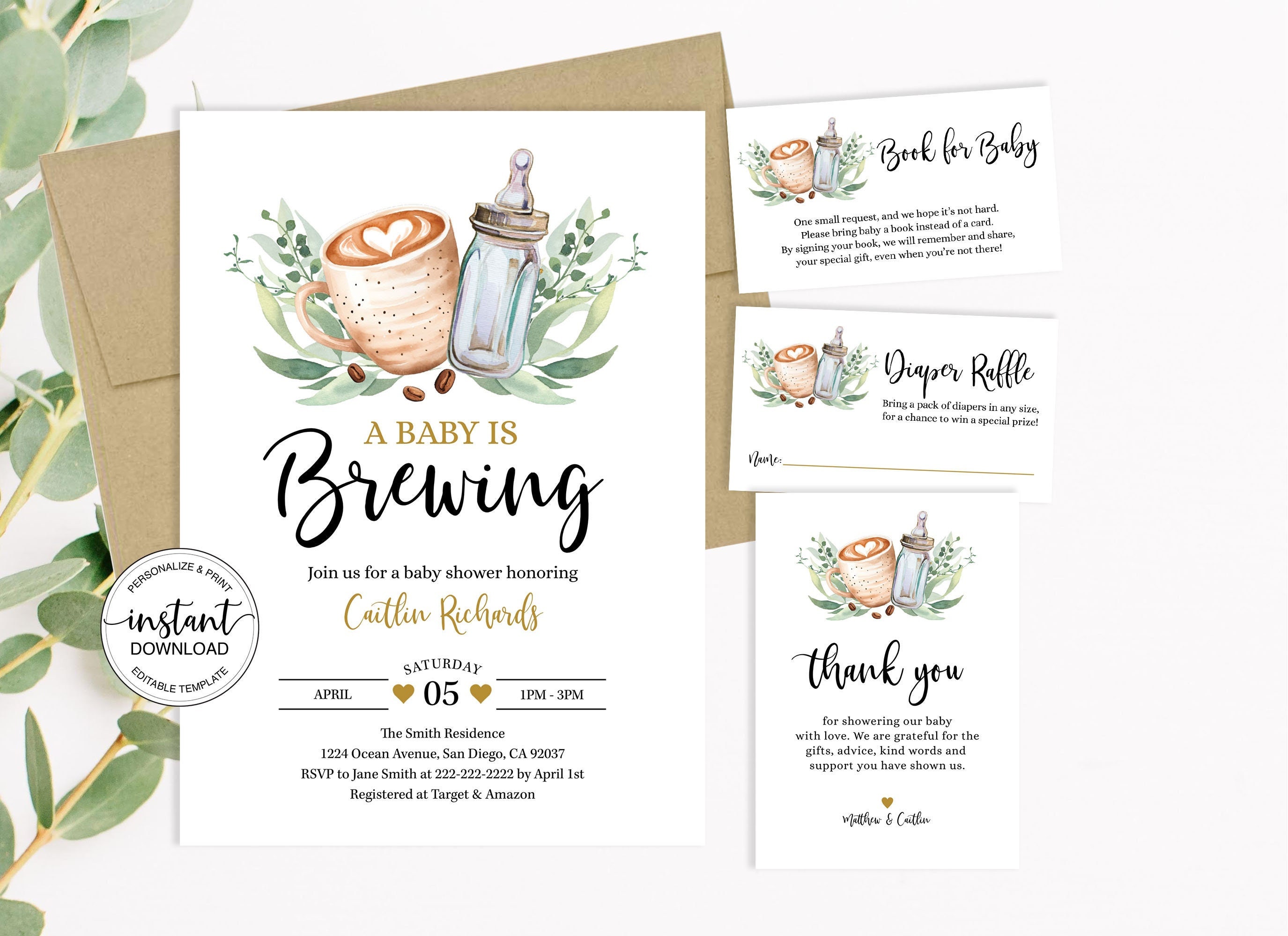 Editable Coffee A Baby is Brewing Invitation Bundle, Coffee Baby Shower Invite Set Diaper Raffle Book Request Thank You Card Template 0018