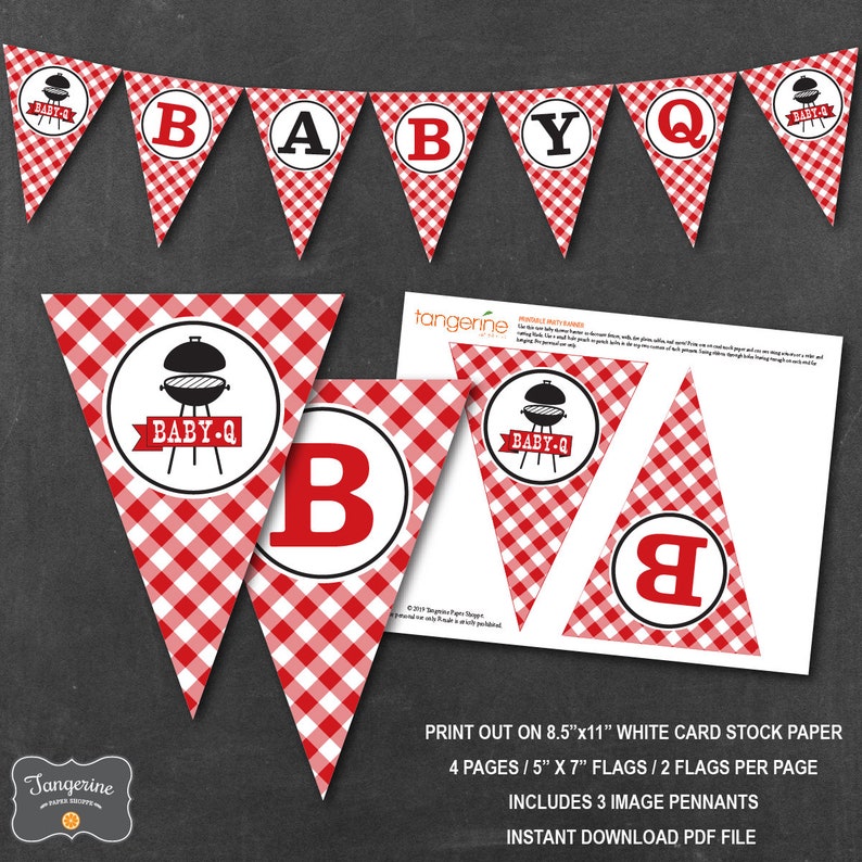 Peut inclure: Banni&egrave;re de f&ecirc;te pr&eacute;natale imprimable avec un motif vichy rouge et blanc. La banni&egrave;re dit "Baby-Q" avec un graphique de barbecue et de flammes. La banni&egrave;re comprend 3 fanions d'images et est imprim&eacute;e sur du papier cartonn&eacute; blanc de 21,6 cm x 27,9 cm.