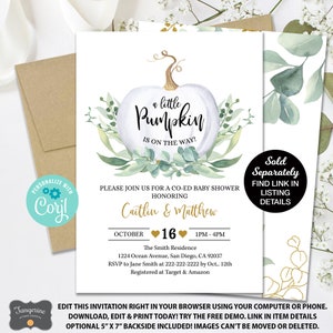 White Pumpkin Baby Shower Invitation, Fall Baby Shower, Little Pumpkin, Greenery Baby Shower Invitation, Plaid, Editable Invitation image 6
