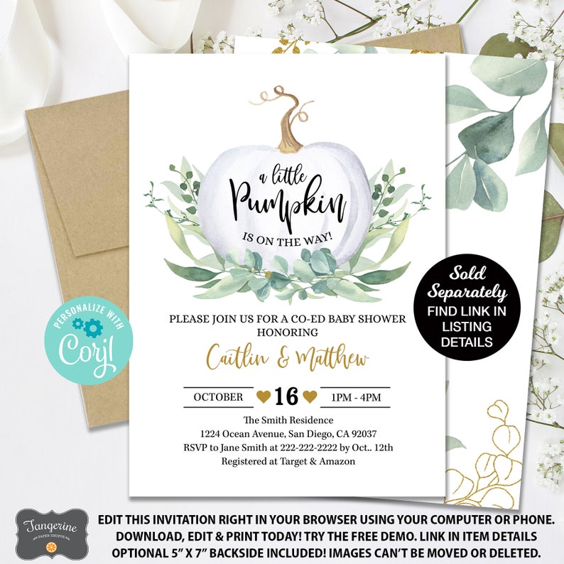 White Pumpkin Baby Shower Invitation, Fall Baby Shower, Little Pumpkin, Greenery Baby Shower Invitation, Plaid, Editable Invitation image 6