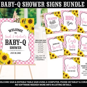 Baby Q Signs Bundle Pink, Baby Q Welcome Sign, BBQ Baby Shower Signs Package, BBQ Sunflower Baby Shower, Coed Baby Shower, Printable Signs