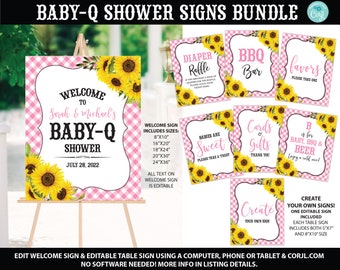 Baby Q Signs Bundle Pink, Baby Q Welcome Sign, BBQ Baby Shower Signs Package, BBQ Sunflower Baby Shower, Coed Baby Shower, Printable Signs