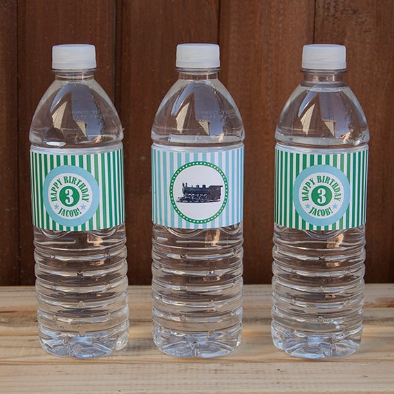 Vintage Train Birthday Party Water Bottle Labels - Green & Aqua - PERSONALIZED Printable Il_570xn