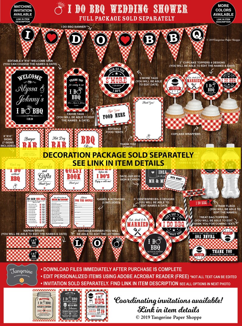 May include: A red and white checkered pattern is used throughout this printable set of wedding shower decorations. The set includes a welcome sign, favor tags, cupcake toppers, food tents, a guest book, and more. The theme is "I Do BBQ".