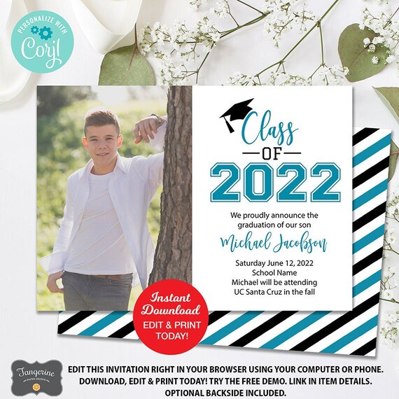 Printable Graduation Invitation, Teal Graduation Announcement, Class of
