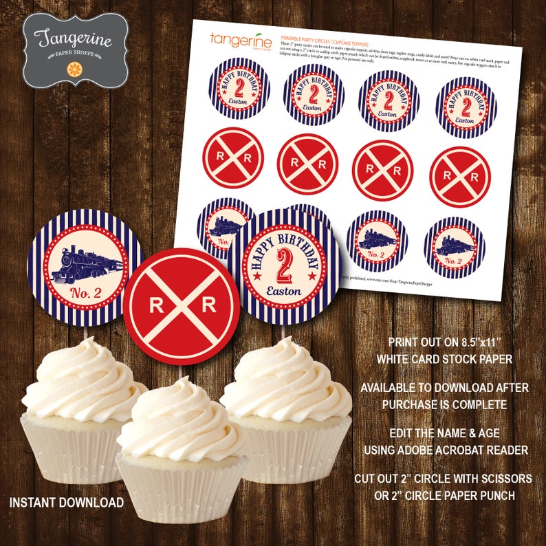 May include: Printable 2 inch round cupcake toppers featuring a red and white railroad crossing sign, a blue and white striped train engine, and a blue and white striped circle with the text "Happy Birthday 2 Easton".