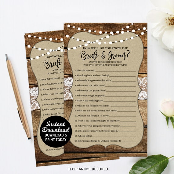 Rustic Bridal Shower Game, Rustic Engagement Game, How Well Do You Know