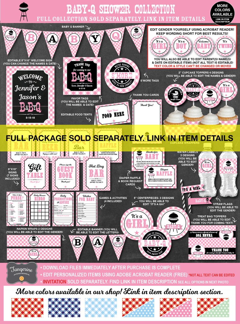 May include: Pink and black baby shower printable collection with a barbecue theme. The collection includes a welcome sign, thank you cards, cupcake toppers, favor tags, food tents, a banner, a guest book, a diaper raffle card, a bingo card, a game, a napkin wrap, and a treat bag topper. The text on the items says "Baby-Q" and "It's a Girl".