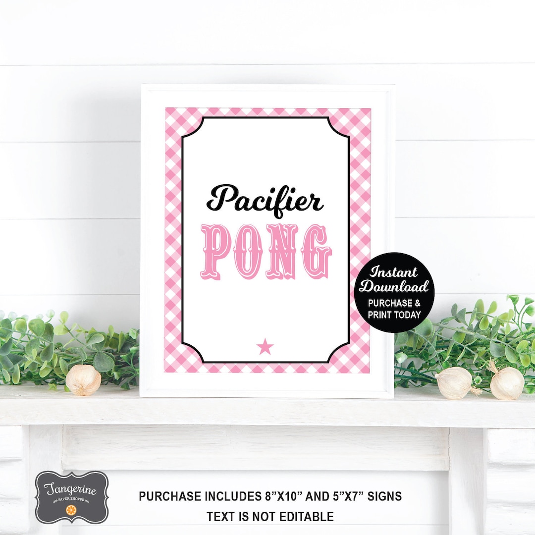 Pacifier Pong Sign Pink, Baby Q Baby Shower Game Sign, Beer Pong Game