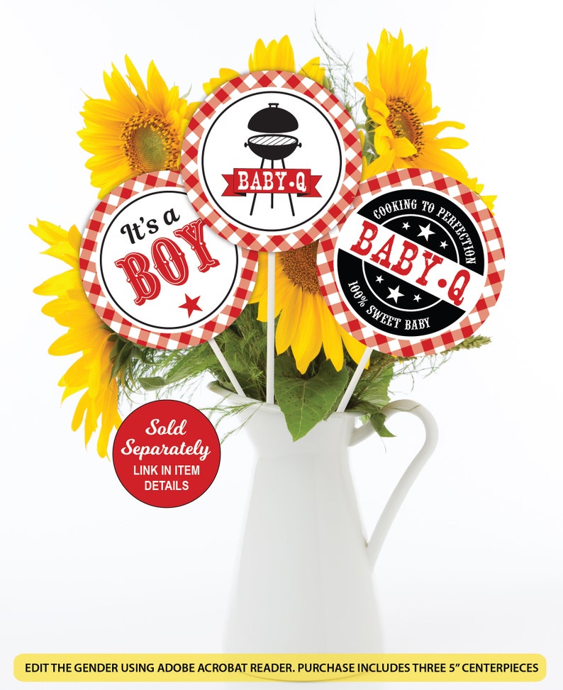 Peut inclure: Trois cercles en papier de 12,7 cm de diam&egrave;tre &agrave; carreaux rouges et blancs avec du texte noir. Le texte indique "It's a Boy", "Baby-Q" avec une image de barbecue et "Baby-Q Cooking to Perfection 100% Sweet Baby".