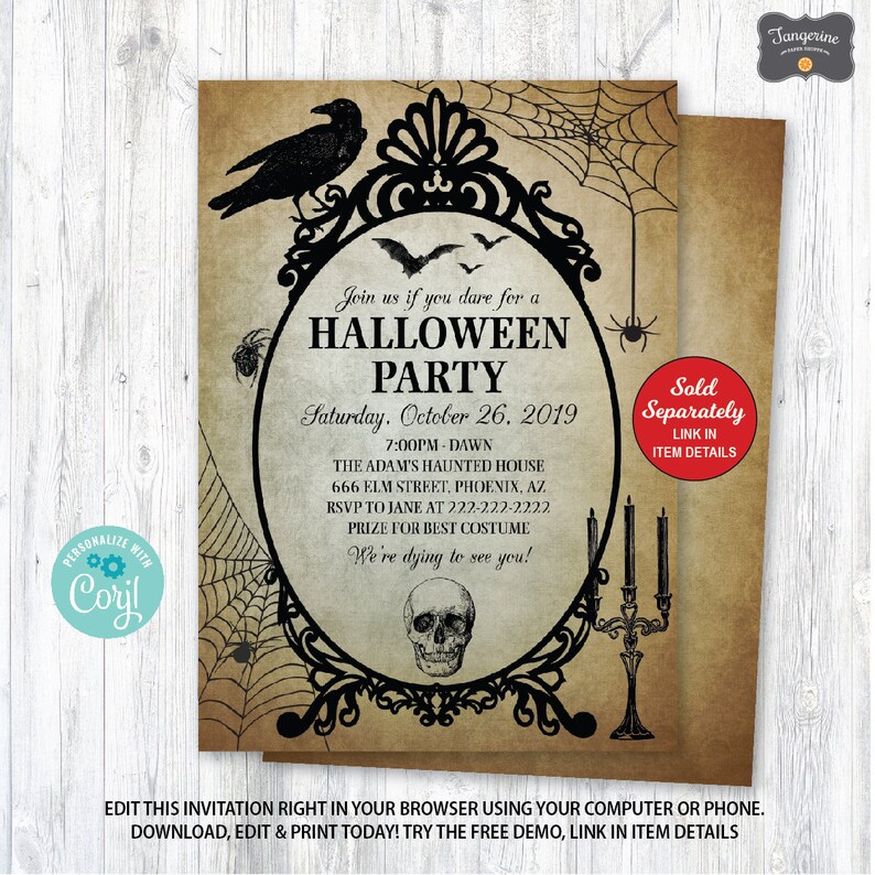 May include: A printable Halloween party invitation with a black and white illustration of a skull in a mirror frame. The text reads "Join us if you dare for a Halloween Party, Saturday, October 26, 2019, 7:00PM-DAWN, The Adam's Haunted House, 666 Elm Street, Phoenix, AZ, RSVP to Jane at 222-222-2222, Prize for Best Costume, We're dying to see you!"