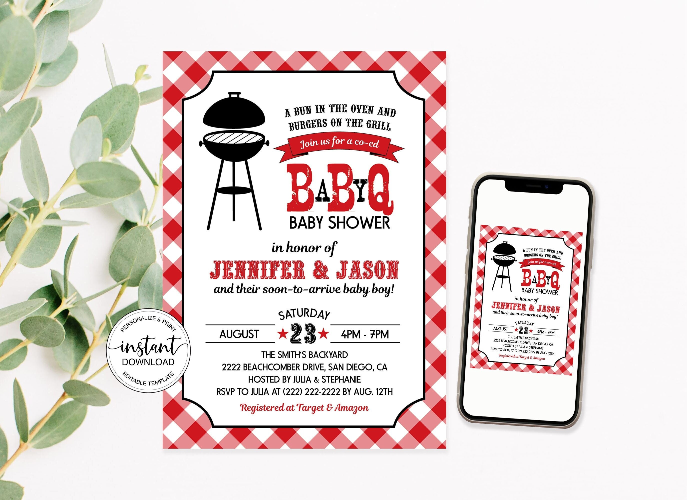 Baby Q Shower Invitation Bun in the Oven Invite, Coed BBQ Baby Shower Red  Gingham Summer Baby Shower Editable Printable Corjl Template - Etsy, image size:2750x2000