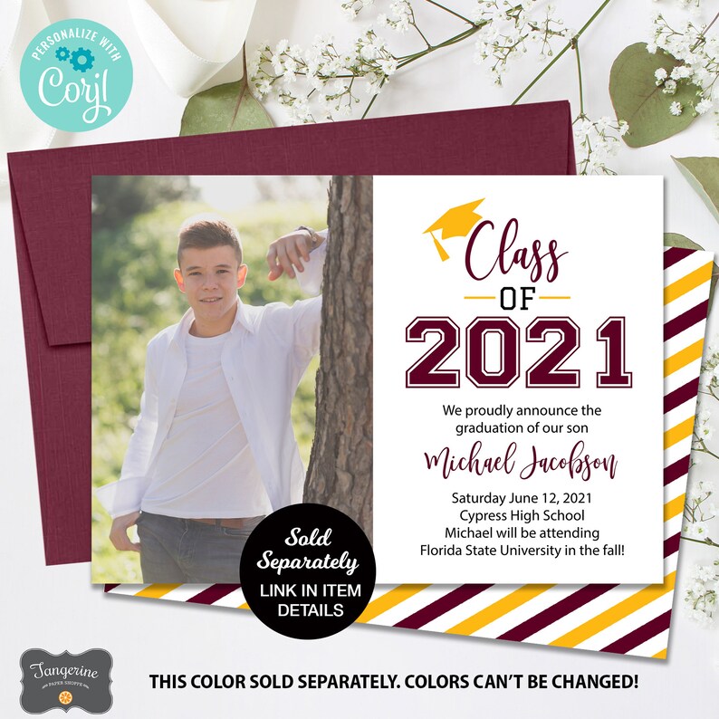 May include: Graduation announcement card with a photo of a young man in a white shirt. The card features the text "Class of 2021" in maroon and gold, with details about the graduate's name, school, and future university.