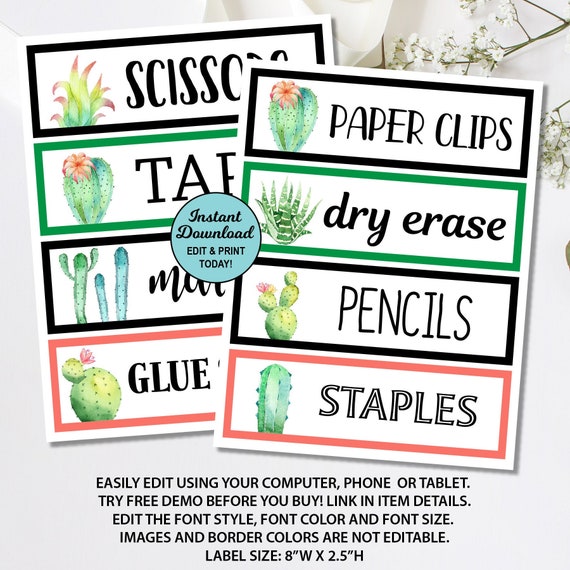 Classroom Supply Labels, Classroom Organization Labels, Office Organization, Succulent Editable Label, Drawer Label, Name Tags