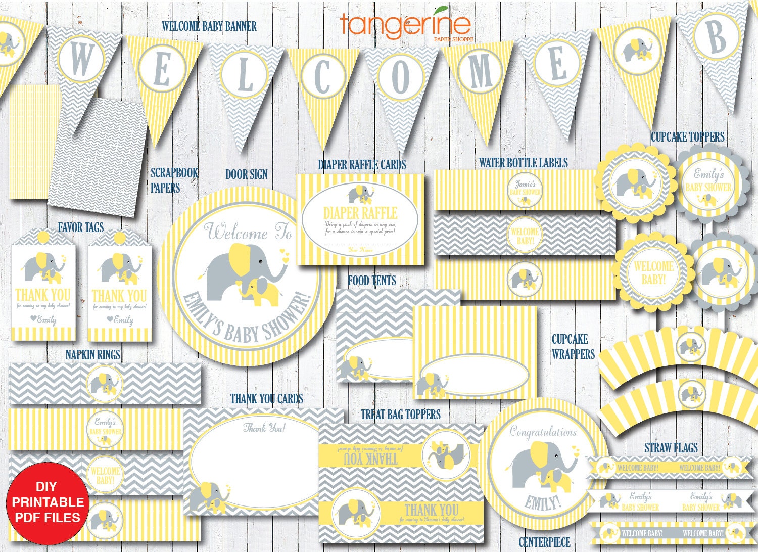 Elephant Baby Shower Decorations Printable Collection Yellow Etsy